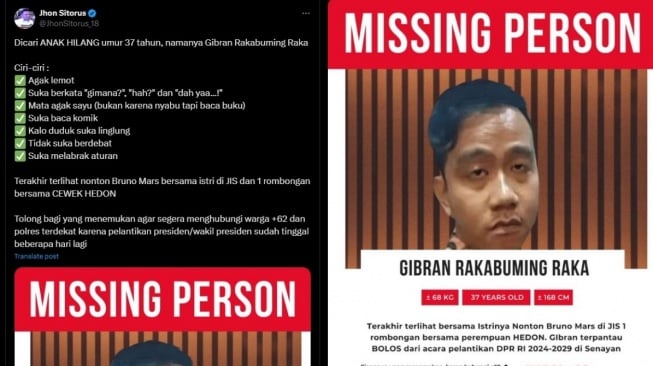 Poster orang hilang bergambar Gibran Rakabuming Raka (X/JhonSitorus_18)