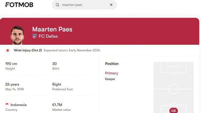 Menurut Fotmob, Maarten Paes akan absen sampai November 2024. (Fotmob)