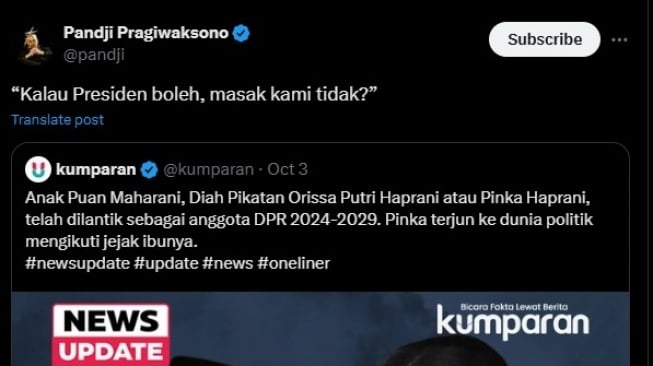 Komentar Pandji Pragiwaksono soal Pinka Haprani yang jadi anggota DPR RI (X/pandji)