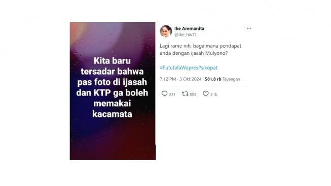 Cuitan warganet soal penggunaan kacamata untuk ijazah. [X/@ike_hw71]