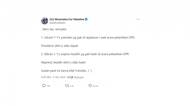 Cuitan warganet soal persamaan Jokowi dan Gibran di pelantikan DPR. [X/@kafiradikalis]