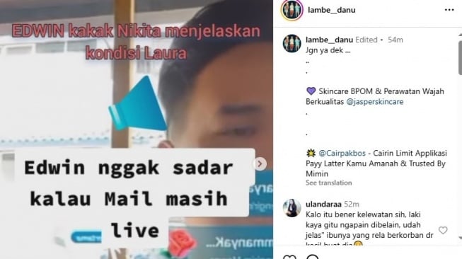 Adik Nikita Mirzani ungkap kondisi terkini Laura Meizani (Instagram/@lambe__danu)