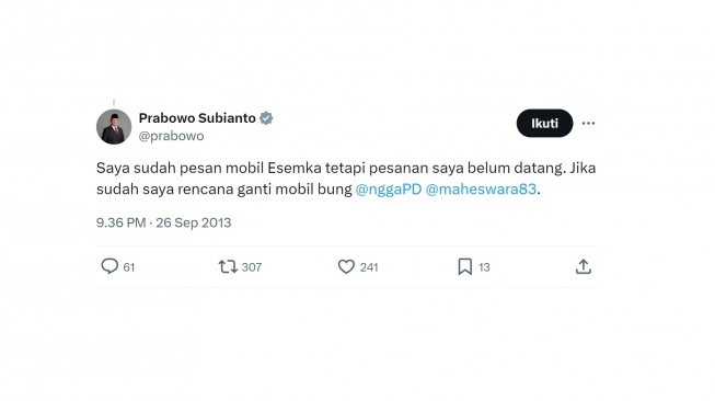 Cuitan lawas Prabowo soal pemesanan mobil Esemka. [X/@prabowo]