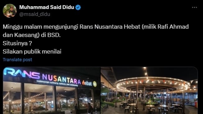 Kondisi bisnis kuliner Raffi Ahmad dan Kaesang Pangarep, Rans Nusantara Hebat, yang diduga sepi. (X/@msaid_didu)