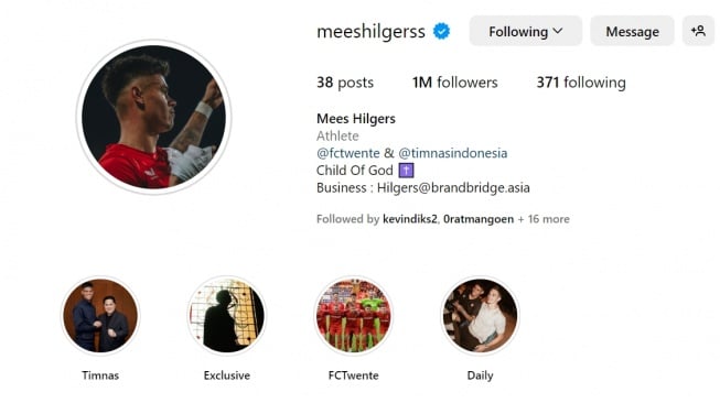 Folllower Mees Hilgers sudah tembus satu juga, walau belum debut di timnas Indonesia. (Instagram/@meeshilgerss)