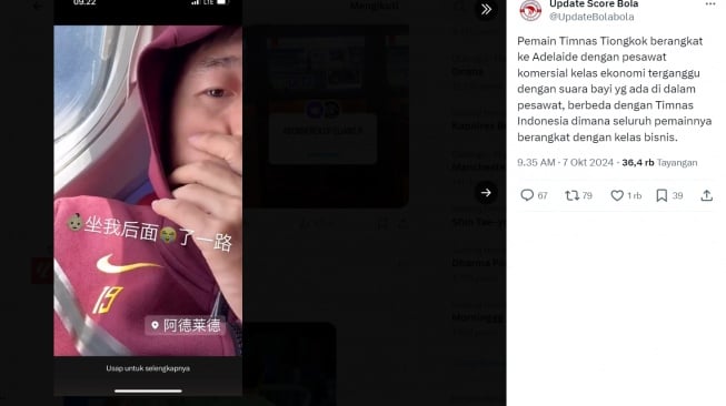 Pemain China mengeluh karena terganggu suara bayi di pesawat. (X/@updatebolabola)