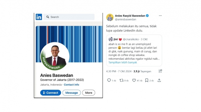 Open To Work Anies Baswedan. [X/@aniesbaswedan]