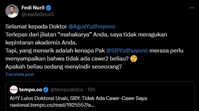 Fedi Nuril tanggapi pernyataan SBY soal tak cawe-cawe gelar doktor AHY (X/realfedinuril)