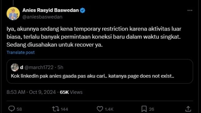 Akun Linkedln Anies Baswedan kena temporary restriction (X/aniesbaswedan)