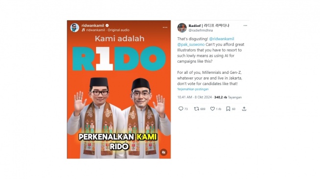 Penggunaan AI di video kampanye Ridwan Kamil dan Suswono. [X/@radiefrmdhna]