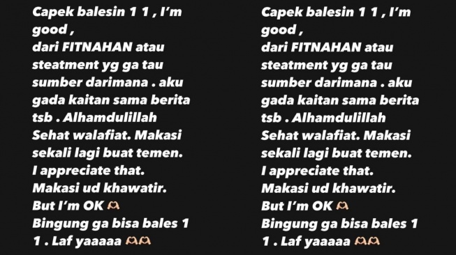 Unggahan Nabilla Aprillya usai diisukan jadi korban kekerasan seorang ketua umum parpol (Instagram/bae_biiiiii)