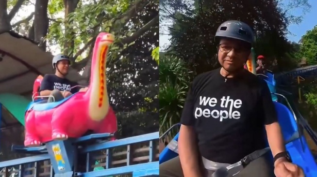Momen Anies Baswedan naik monorail dinosaurus di Ragunan (X/aniesbaswedan)