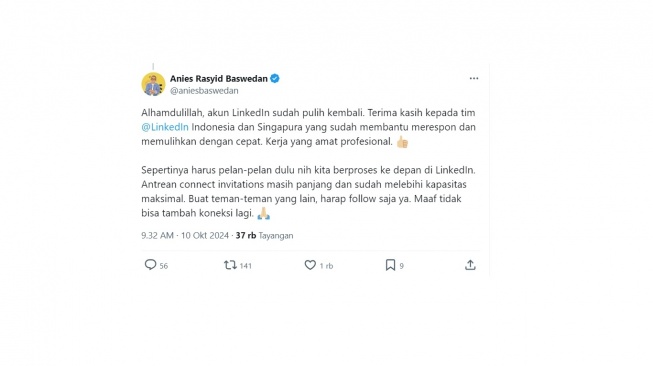 Cuitan Anies soal akun LinkedIn. [X/@aniesbaswedan]