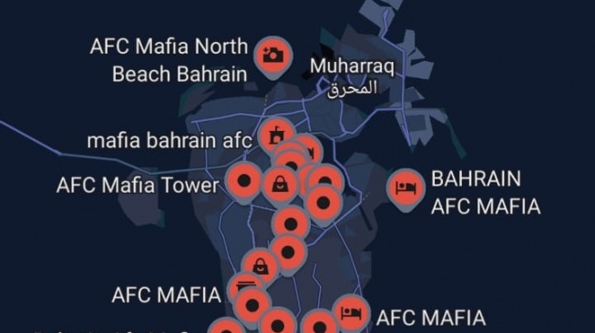 Bahrain terkena serangan siber di mana berbagai nama tempat dan jalan berubah menjadi "AFC MAFIA" hingga "Bahrain AFC Mafia" setelah dianggap menahan imbang Timnas Indonesia dengan cara curang dan bantuan wasit. [Dok. Tangkapan layar Google Maps]