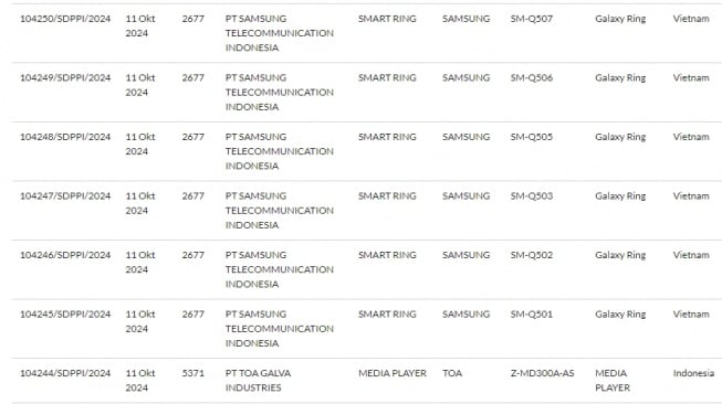 Samsung Galaxy Ring lolos sertifikasi di Indonesia. (SDPPI)