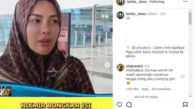 Nikita Mirzani bongkar perselingkuhan Paula Verhoeven sebelum berangkat umrah.(Instagram/@lambe__danu)