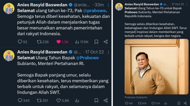 Ucapan ulang tahun Anies Baswedan untuk Prabowo Subianto dari tahun ke tahun. (X/@aniesbaswedan)