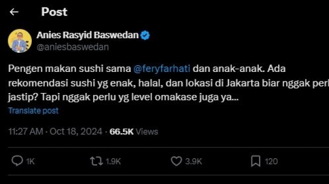 Cuitan Anies Baswedan soal omakase. [X]