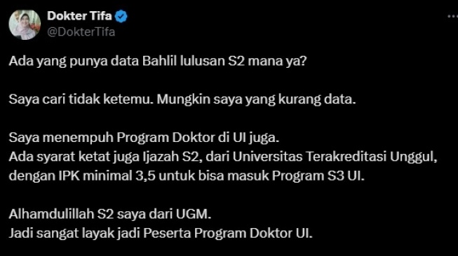 Dokter Tifa mempertanyakan di mana Bahlil Lahadalia kuliah S2 (X/DokterTifa)