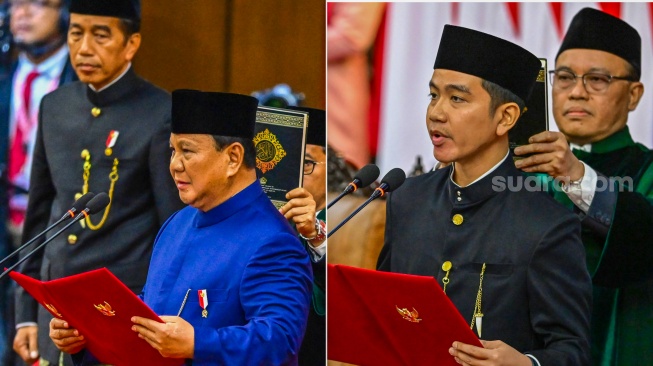 Foto kolase Presiden Prabowo Subianto (kiri) dan Wakil Presiden Gibran Rakabuming Raka (kanan) mengucapkan sumpah jabatan dalam sidang paripurna MPR dengan agenda pelantikan Presiden dan Wakil Presiden Republik Indonesia masa bakti 2024-2029 di Gedung Nusantara, Kompleks Parlemen, Senayan, Jakarta, Minggu (20/10/2024). [ANTARA FOTO/Rivan Awal Lingga/app/YU]