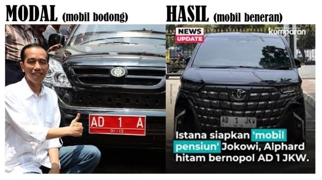 Kolase foto Jokowi dan mobil Esemka-mobil pensiun Jokowi Alphard. [Ist]