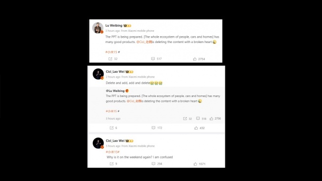 Unggahan Weibo petinggi Xiaomi soal Xiaomi 15. [xiaomitime]