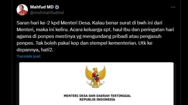 Mahfud MD sentil Yandri Susanto soal undangan haul berkop Menteri Desa (X/mohmahfudmd)