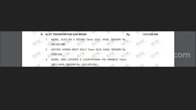 Tangkapan layar, data LHKPN alat transportasi dan mesin Sakti Wahyu Trenggono. [Ist]