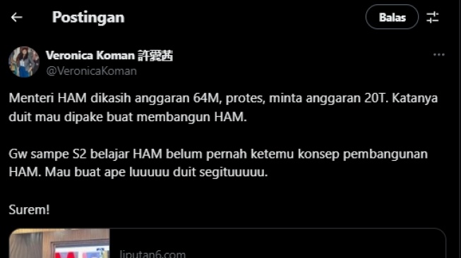 Cuitan Veronica Koman menyindir soal anggaran Rp20 triliun yang diminta oleh Natalius Pigai seusai menjabat sebagai Menteri HAM di kabinet Presiden Prabowo Subianto. (tangkapan layar/ist)