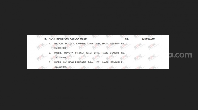 Tangkapan layar, data LHKPN kendaraan Meutya Viada Hafid. [Ist]