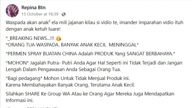 Cek Fakta: Banyak Anak-anak Meninggal Gara-gara Permen Semprot