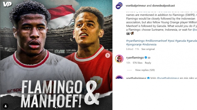 Ryan Flamingo berkomentar dengan bendera Indonesia. (Instagram/@voetbalprimeur)