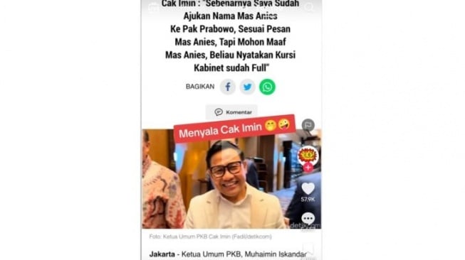 Unggahan artikel yang menarasikan Cak Imin serahkan nama Anies ke Prabowo untuk jadi Menteri. Faktanya, judul artikel dalam unggahan tersebut merupakan editan. (TikTok)