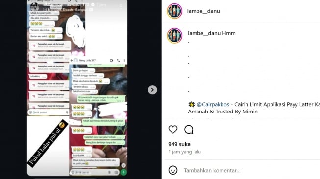 Chat Lolly curhat dipukuli Vadel Badjideh (Instagram/@lambe__danu)