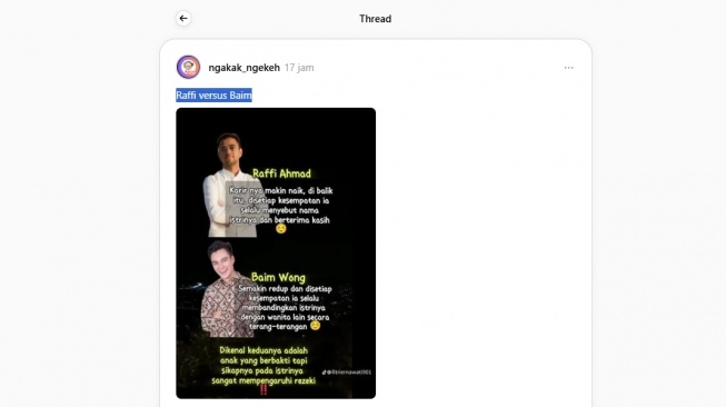 Tangkapan layar, perbandingan Raffi Ahmad dan Baim Wong. [Thread/@ngakak_ngekeh]