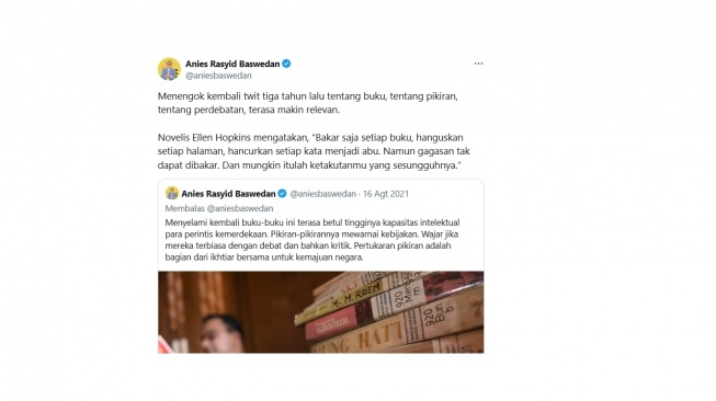 Cuitan Anies soal pembakaran buku. [X/@aniesbaswedan]