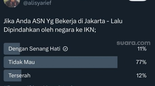 Tangkapan layar, Akademisi Ali Syarief buat polling soal pemindahan ASN ke IKN. [X/@alisyarief]