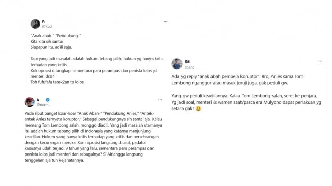 Cuitan warganet soal penangkapan Tom Lembong. [X/tangkapan layar]