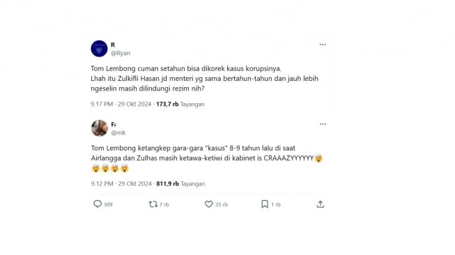 Cuitan warganet soal penangkapan Tom Lembong. [X/tangkapan layar]