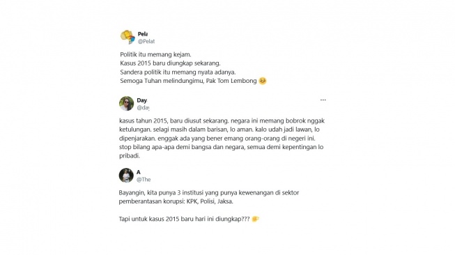 Cuitan warganet soal Tom Lembong. [X/tangkapan layar]