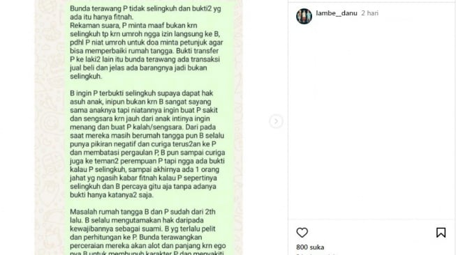 Postingan soal Baim Wong dan Paula Verhoeven [Instagram/@lambe__danu]