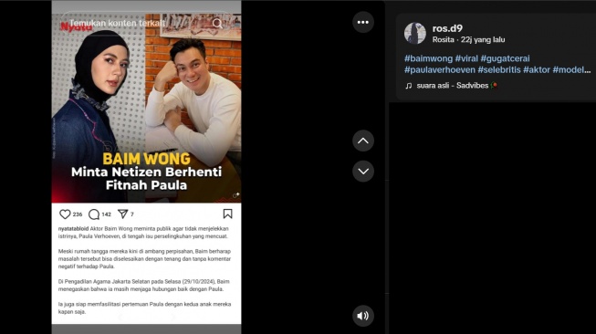 Baim Wong minta netizen berhenti fitnah Paula Verhoeven (TikTok @ros.d9)