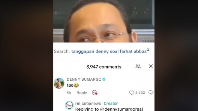 Jejak digital Denny Sumargo terhadap unggahan video yang memuat Farhat Abbas (TikTok/@rm_cutieshop07)