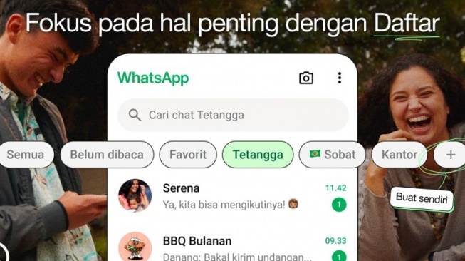 Ilustrasi fitur "List" yang dikenalkan WhatsApp untuk mempermudah pencarian chat. [ANTARA/HO-WhatsApp Indonesia]