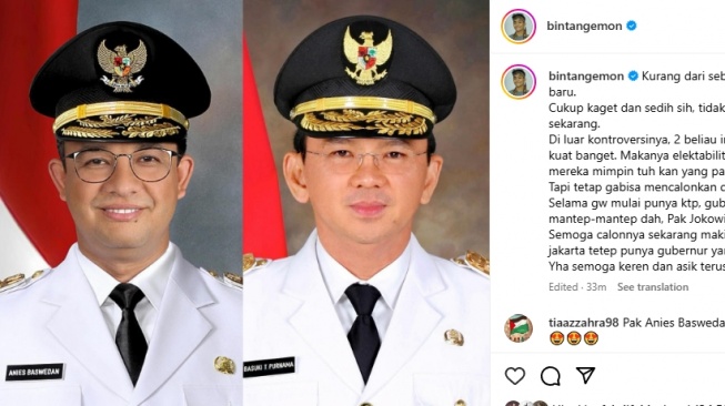 Komika Bintang Emon mengunggah kolase foto Anies dan Ahok di Instagram. (Tangkapan layar)