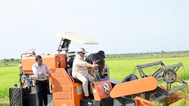 Presiden Prabowo Subianto meninjau langsung proses tanam dan panen padi dalam rangka pengembangan program swasembada pangan nasional di Desa Telaga Sari, Distrik Kurik, Kabupaten Merauke, Provinsi Papua Selatan, Minggu (3/11) pagi. (Foto: Rusman - Biro Pers Sekretariat Presiden)