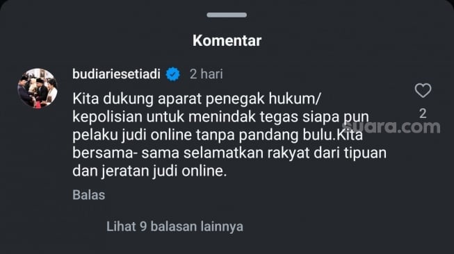 Eks Menkominfo yang kini menjabat Menteri Koperasi, Budi Arie Setiadi mengomentari kasus pegawai Komdigi terlibat judi online di akun Instagram Kementerian Koperasi. [Screenshot]