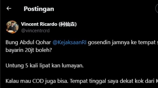 Cuitan Youtuber Vincent Ricardo berniat membayari jam tangan pejabat Kejagung, Abdul Qohar. (tangkapan layar/X)