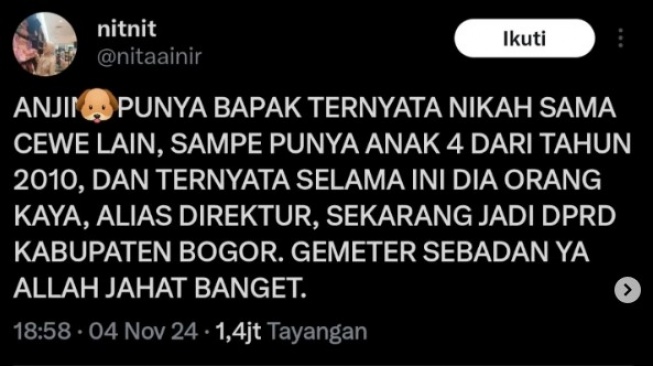 Tangkapan Layar Akun Media Sosial Bongkar Dugaan Perselingkuhan Anggota DPRD Kabupaten Bogor [Twitter]