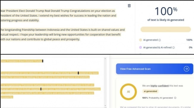 Hasil pengecekan penggunaan AI di cuitan Jokowi. [Tangkapan layar Quilbot (atas) dan GPT Zero (bawah) oleh tim Suara.com]
